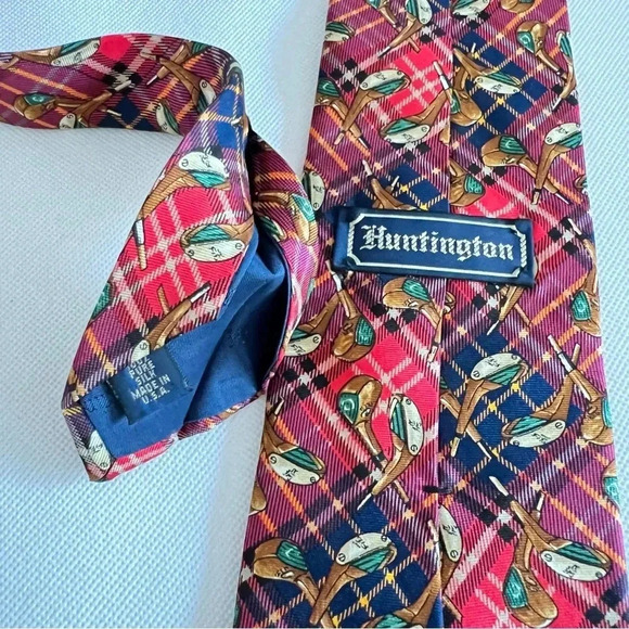 Vintage Huntington Red Navy Tie Tartan/Golf 100% Pure Silk - Picture 5 of 6